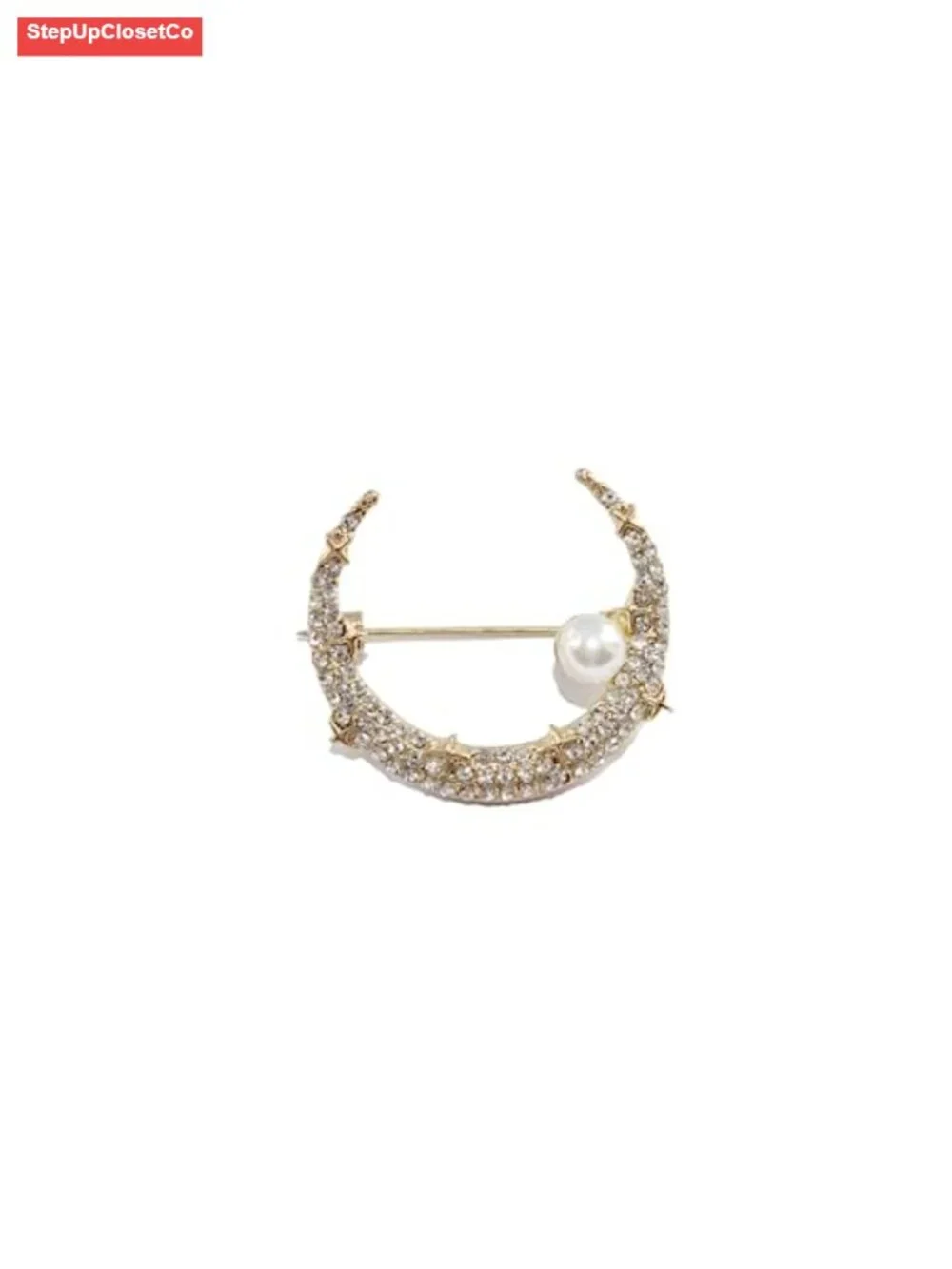 Crescent Moon Brooch Pin with Rhinestone Crystal & Freshwater Pearl for Women